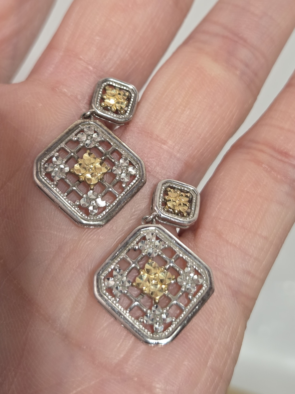 Sterling Silver Two-Tone Filigree Drop Earrings with Gold Accents